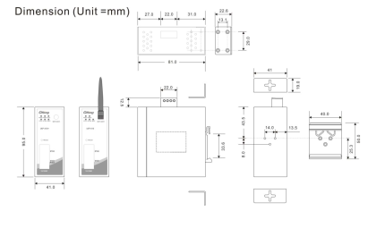 Plan coté du point d'accès ORing IAP-420 avec dimensions du boîtier rail DIN