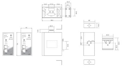 Plan coté du routeur ORing IAR-142+-4G avec dimensions du boîtier rail DIN
