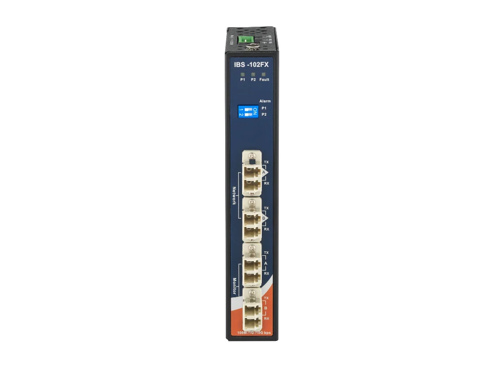 Switch de bypass optique multimode ORing IBS-102FX, vue latérale du boîtier rail DIN