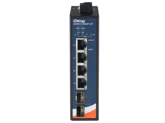 Switch ORing IDGPS-C1042GP+-BT en boîtier IP40 rail DIN, vue de trois quarts