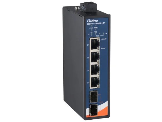 Switch industriel ORing IDGPS-C1042GP+-BT avec deux cages SFP+ 10G, vue latérale