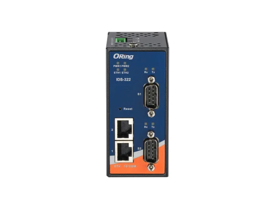 Boîtier rail DIN du serveur série IDS-322, autre vue des connecteurs