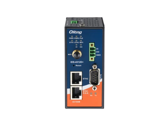 Face avant du serveur série ORing IDS-4312D+ : ports Ethernet, DB9 et bornier E/S