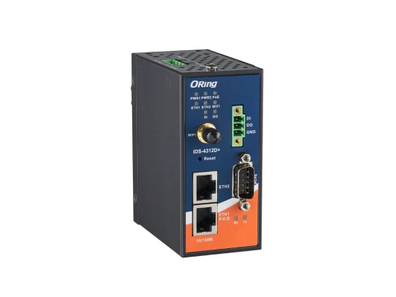 Boîtier rail DIN du serveur de port série Wi-Fi ORing IDS-4312D+, autre angle