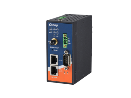 Serveur série Wi-Fi ORing IDS-4312D+ avec antenne et port DB9, vue de biais