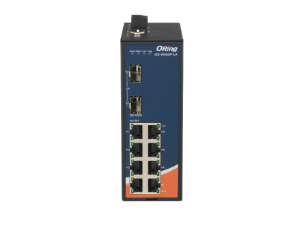 ORing IES-3082GP-LA rail DIN huit ports Fast Ethernet, vue de trois quarts