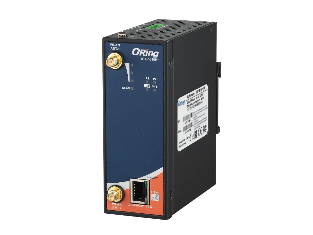 ORing IGAP-610H+ vu de côté avec étiquette et connecteurs RP-SMA