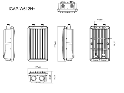 Plan coté du boîtier IP67 ORing IGAP-W612H+ avec dimensions et fixations
