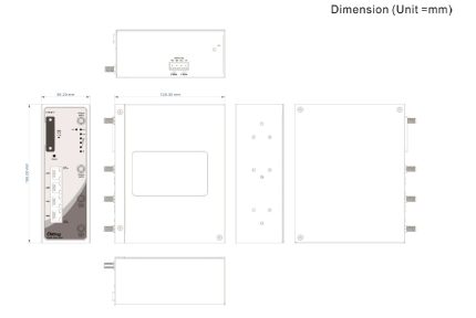 Plan coté du routeur cellulaire ORing IGAR-1004-D5G avec dimensions du boîtier mural
