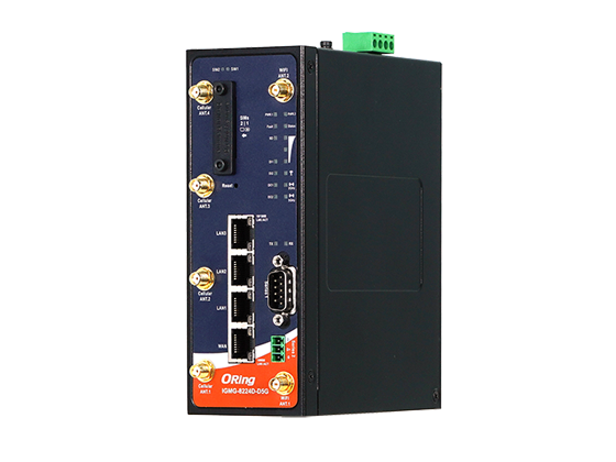 Passerelle 5G industrielle ORing IGMG-8224D-D5G rail DIN, face avant avec ports et antenne Passerelle 5G industrielle ORing IGMG-8224D-D5G rail DIN, face avant avec ports et antennes