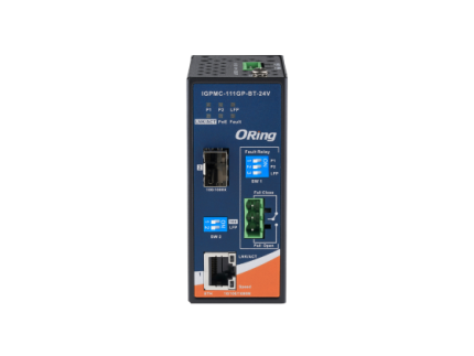 Face avant du IGPMC-111GP-BT-24V avec cage SFP, port RJ45 et DIP switch