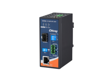 Convertisseur fibre PoE ORing IGPMC-111GP-BT-24V rail DIN, vue de trois quarts avant