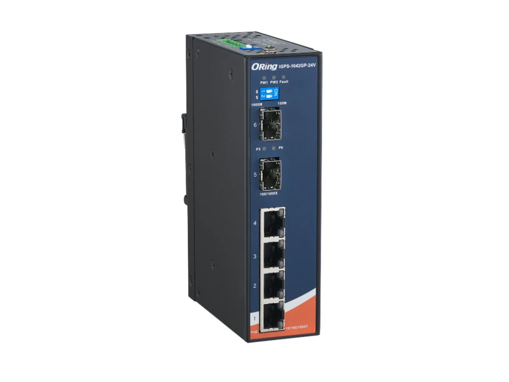Switch PoE ORing IGPS-1042GP-24V alimenté en 24 VDC avec ports SFP, vue de face