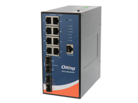 Switch PoE manageable ORing IGPS-9822DGP+ avec ports SFP+ 10G, vue de trois quarts