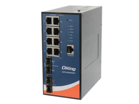 Switch PoE manageable ORing IGPS-9822DGP+ avec ports SFP+ 10G, vue de trois quarts