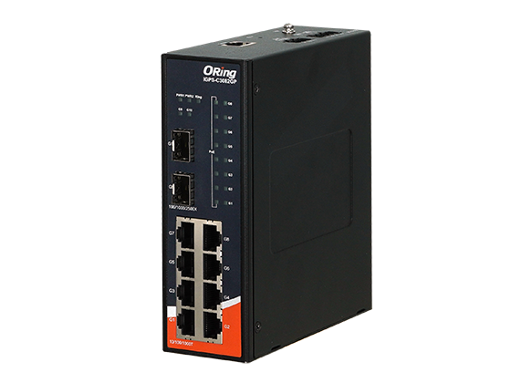 Switch PoE industriel ORing IGPS-C3082GP 8 ports Gigabit et 2 SFP, trois quarts Switch PoE industriel ORing IGPS-C3082GP 8 ports Gigabit et 2 SFP, trois quarts