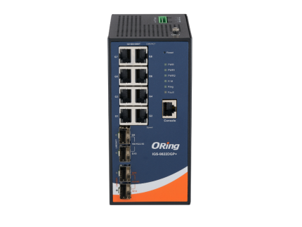 ORing IGS-9822DGP+ 8 ports Gigabit et 4 emplacements SFP, vue de trois quarts