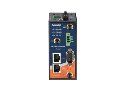 Face avant de la passerelle cellulaire ORing IMG-4312D+-D4G, ports Ethernet et voyants