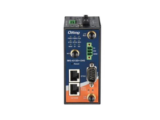 Face avant de la passerelle cellulaire ORing IMG-4312D+-D4G, ports Ethernet et voyants