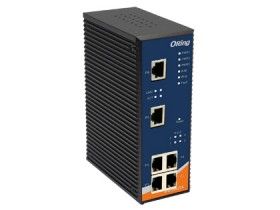 Switch PoE ORing IPS-2042TX avec quatre ports PoE et deux RJ45, vue de face