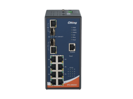 ORing IPS-3082GC avec 8 ports PoE et 2 combos Gigabit, vue de trois quarts