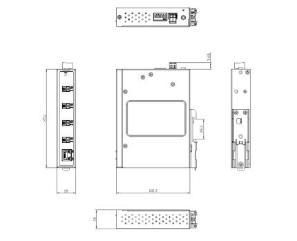 Plan d'encombrement du switch SPE ORing ITPS-141TX-T1L avec cotes en millimètres