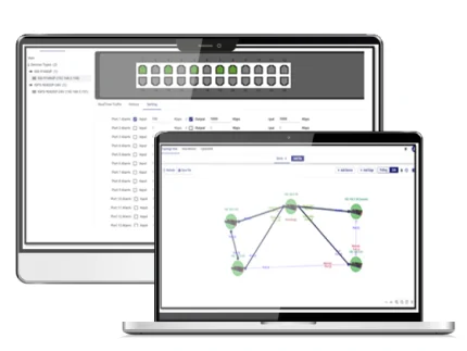 Écrans du logiciel ORing Open-Vision Pro 5.0 avec topologie réseau et trafic par port