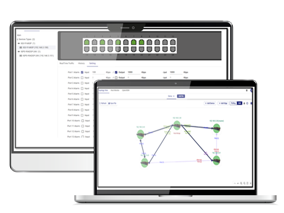 Écrans du logiciel ORing Open-Vision Pro 5.0 avec topologie réseau et trafic par port Écrans du logiciel ORing Open-Vision Pro 5.0 avec topologie réseau et trafic par port