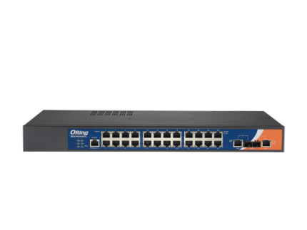 Face avant du switch ORing RES-P9242GCL avec voyants et ports SFP, vue de face
