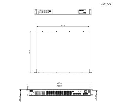 Plan coté du switch PoE rack 19 pouces ORing RGPS-3244GP-P