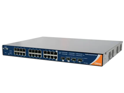 Switch PoE rack 19 pouces ORing RGPS-92222GCP-NP 24 ports PoE+, vue de trois quarts