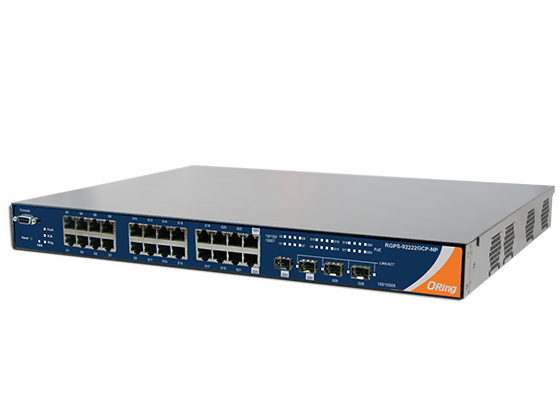Switch PoE rack 19 pouces ORing RGPS-92222GCP-NP 24 ports PoE+, vue de trois quarts Switch PoE rack 19 pouces ORing RGPS-92222GCP-NP 24 ports PoE+, vue de trois quarts