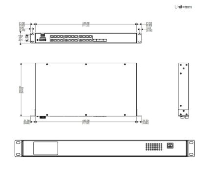 Plan coté du switch Ethernet rack ORing RGS-3244GP 28 ports Gigabit