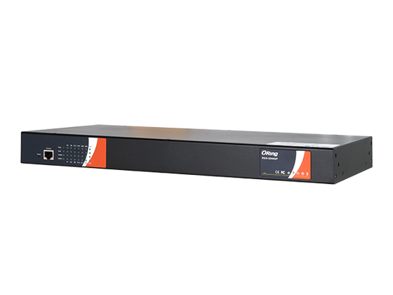 Switch rack 19 pouces ORing RGS-3244GP, face avec port console et voyants Switch rack 19 pouces ORing RGS-3244GP, face avec port console et voyants