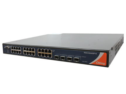 Switch manageable ORing RGS-9244GP-E à double alimentation 48 VDC, vue de trois quarts