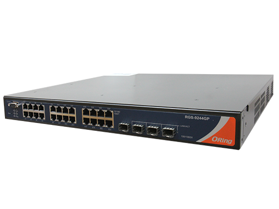 Switch rack ORing RGS-9244GP 24 ports Gigabit et 4 SFP, vue de trois quarts Switch rack ORing RGS-9244GP 24 ports Gigabit et 4 SFP, vue de trois quarts