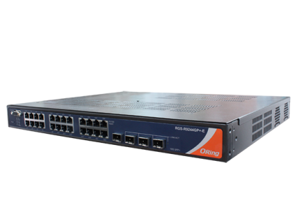 Switch rack ORing RGS-R9244GP+-E double alimentation, 24 ports Gigabit, vue de trois quarts