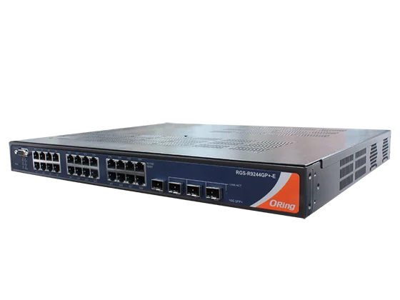 Switch rack ORing RGS-R9244GP+-E double alimentation, 24 ports Gigabit, vue de trois quarts