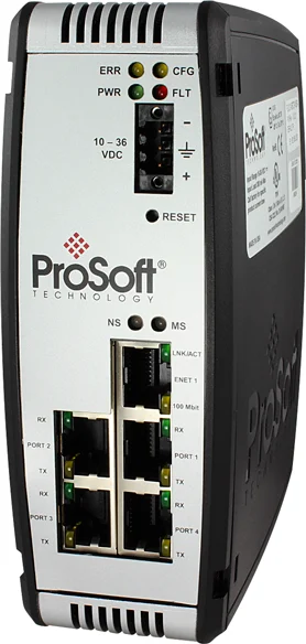 Passerelle quatre ports série Prosoft PLX31-MBTCP-MBS4 pour bus Modbus RTU sur rail DIN