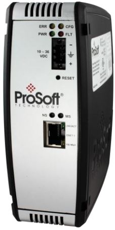 Passerelle EtherNet/IP vers PROFINET Prosoft PLX31-EIP-PND sur rail DIN, vue de trois quarts