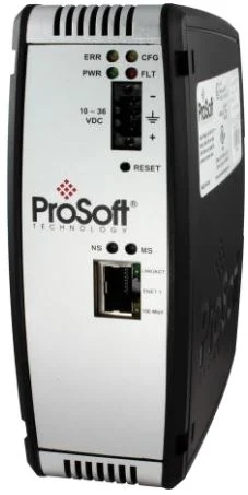 Passerelle EtherNet/IP vers PROFINET Prosoft PLX31-EIP-PND sur rail DIN, vue de trois quarts