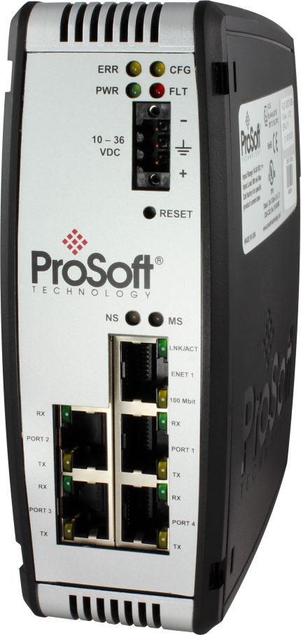 Version quatre ports série Prosoft PLX31-PND-MBS4 pour bus Modbus RTU sur rail DIN