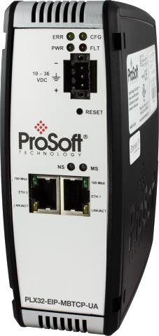 Passerelle Prosoft PLX32-EIP-MBTCP-UA avec deux ports Ethernet, vue de face