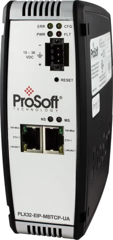 Passerelle Prosoft PLX32-EIP-MBTCP-UA avec deux ports Ethernet, vue de face