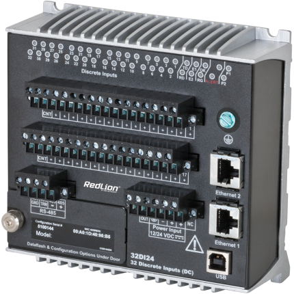 Module d'E/S Ethernet Red Lion E3 en boîtier métal, vue de trois quarts