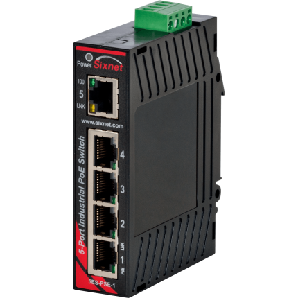 Switch PoE industriel Red Lion Sixnet EB-5ES-PSE-1 cinq ports RJ45, vue de face