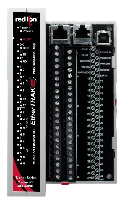 Red Lion Sixnet EtherTRAK-2 E2, module d'entrées et sorties Ethernet Modbus TCP sur rail DIN, vue de face