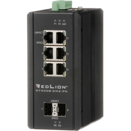 Red Lion NT-4008-DM2 avec six ports RJ45 et deux cages SFP fibre