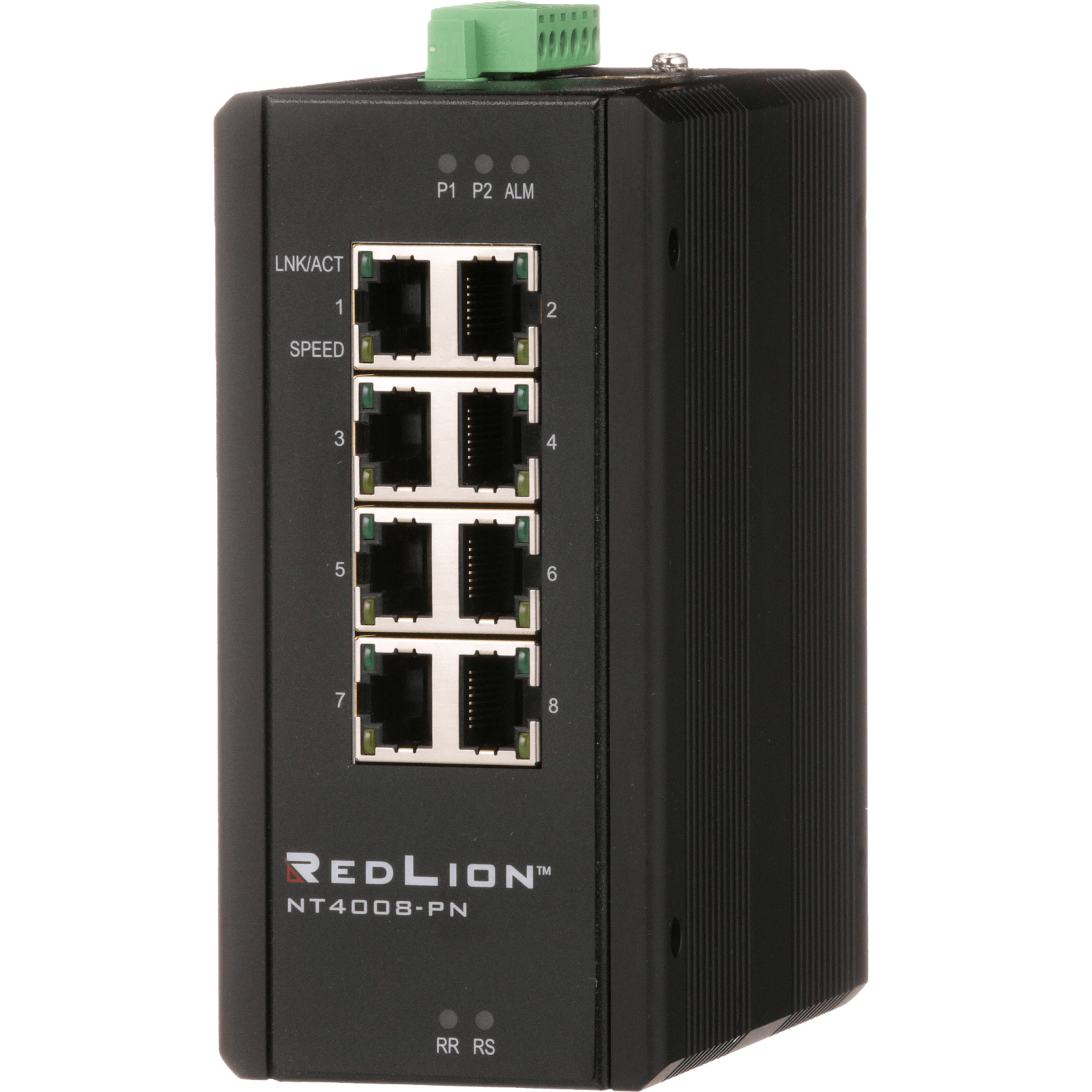 Switch PROFINET Red Lion NT-4008 à huit ports RJ45 Gigabit, vue de face Switch PROFINET Red Lion NT-4008 à huit ports RJ45 Gigabit, vue de face
