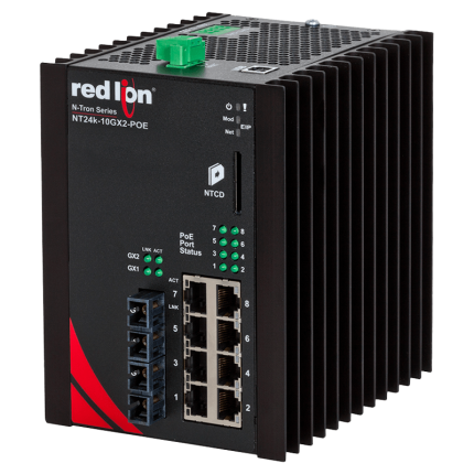 Switch PoE+ Red Lion NT24K-10GX2-SC-POE avec dissipateur, vue de trois quarts